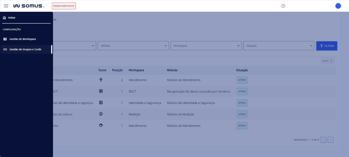 Menu: Gestão de Grupos e Cards