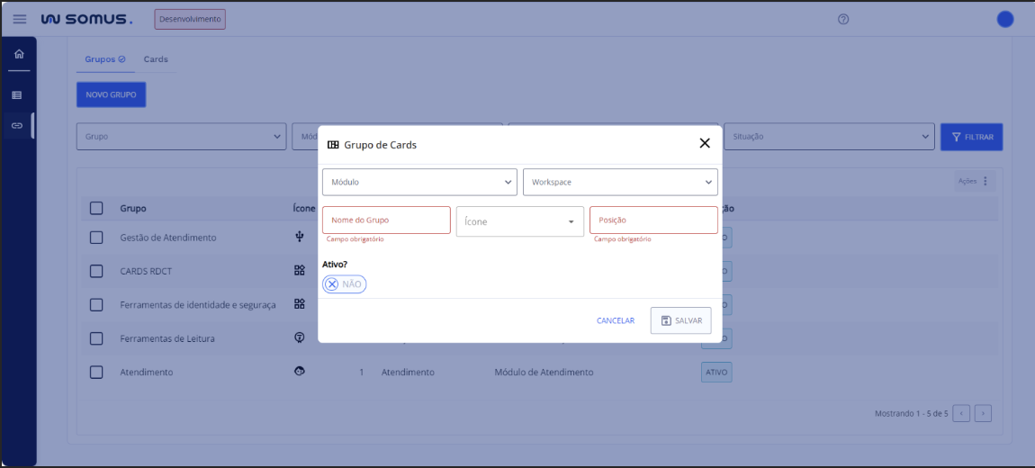 Tela de Cadastro Grupos de Cards
