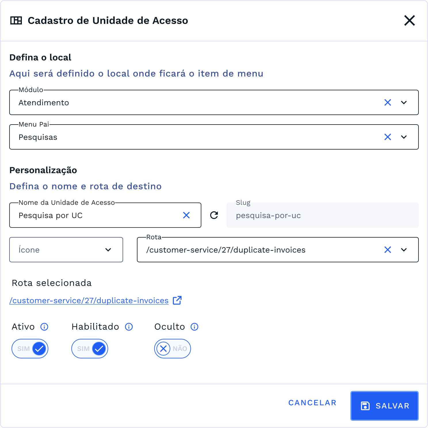 Cadastro de Unidades de Acesso
