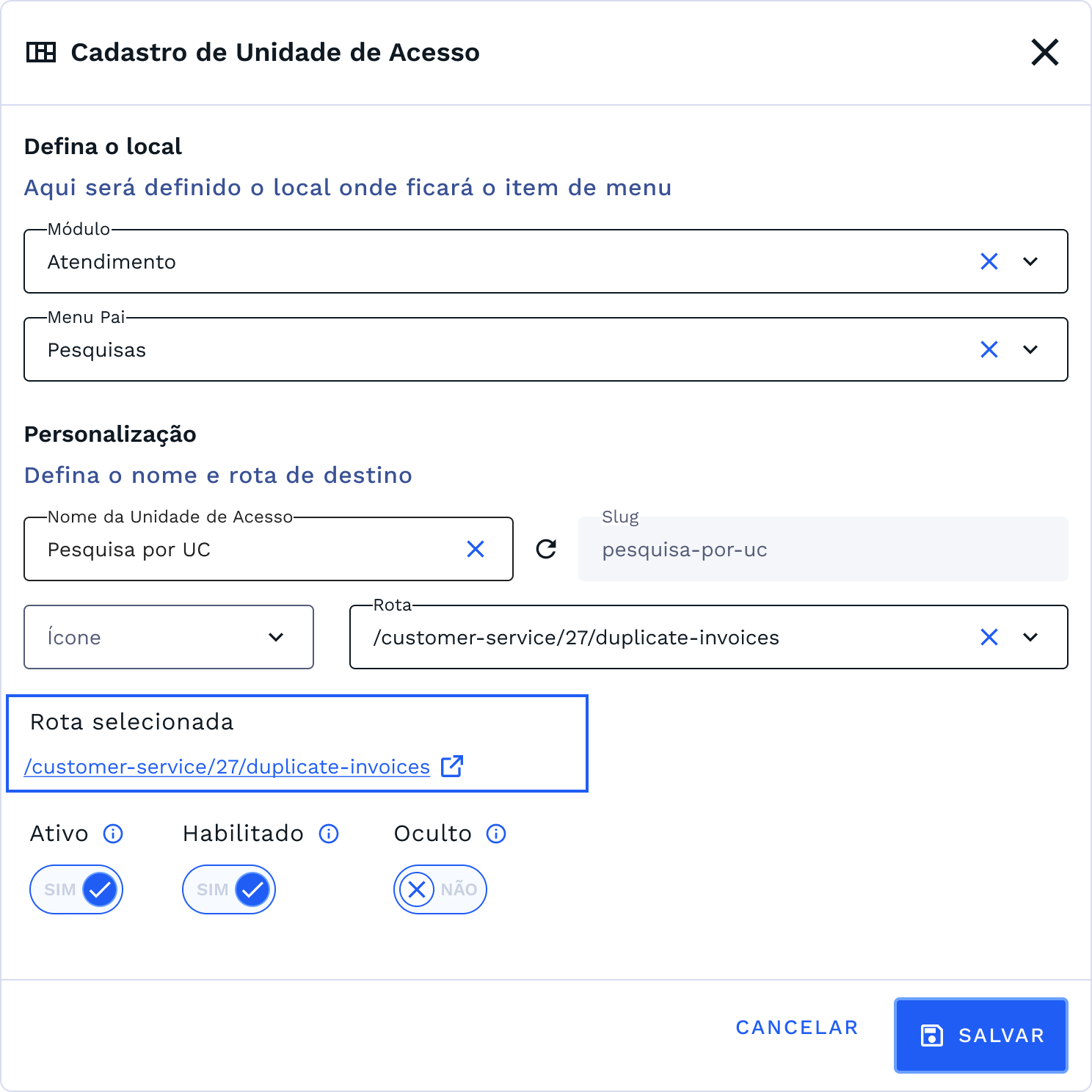 Tela de Cadastro: Rota selecionada