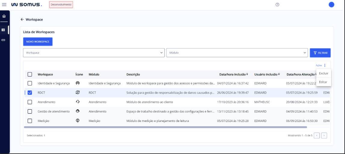 Ações - Excluir Workspace